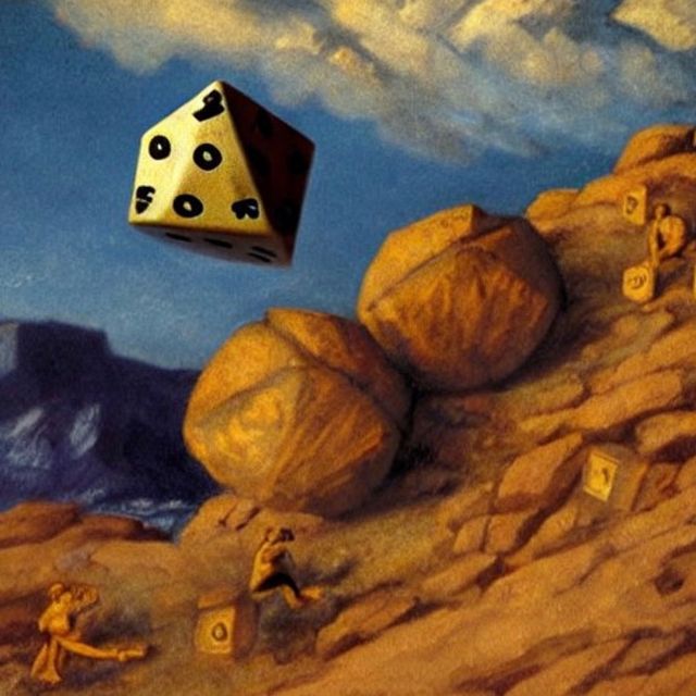 AI generated
mountain side
with what might be people,
some large boulders,
and a massive distorted dice-like
object above them in the sky