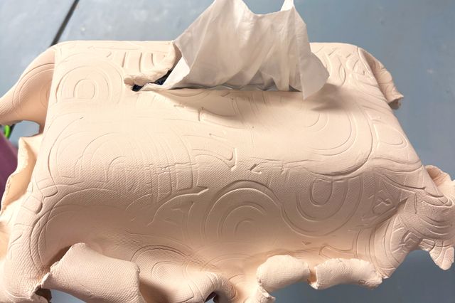 A rectangular tissue-box cover in raw unglazed clay that has a circular geometric pattern pressed into it. The opening at the top seems torn and pulled back, with tissues sticking out - and the bottom rim is a torn and rolled edge as though made of draped cloth, or alive like some sort of sea creature