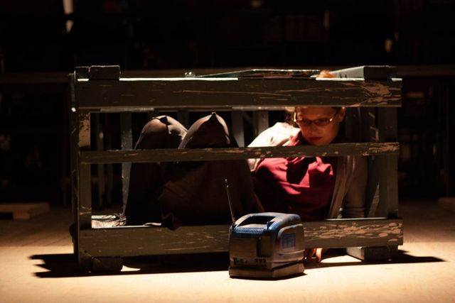 woman in a crate, watching a small TV through the slats