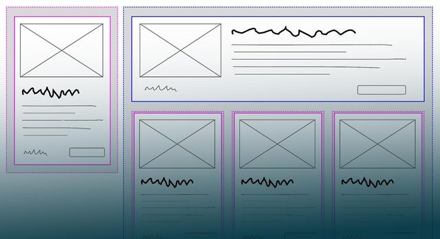 Wireframe of card elements
in different sized containers --
some laid out vertically in small spaces,
others horizontal when there's room.
