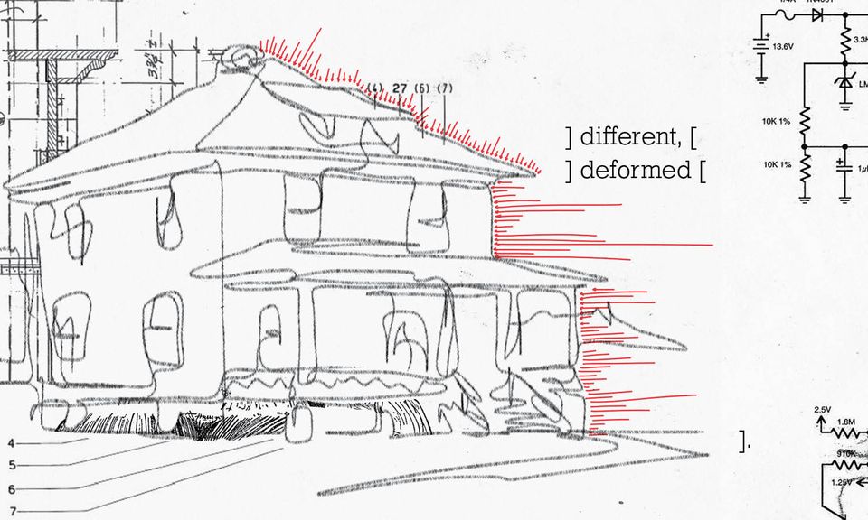Sketch of a house
over electrical diagrams
with red arrows
and text that says