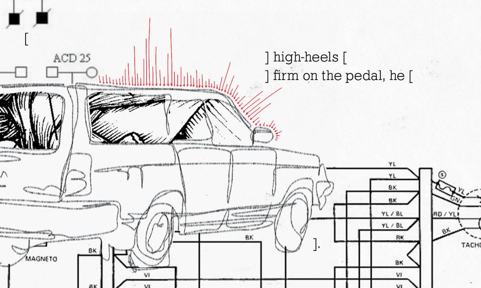 Sketch of a volvo
in a collage of electrical & genetic diagrams,
with red arrows
and text that says 