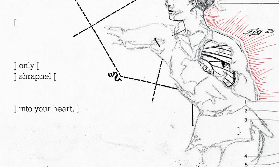 Sketch of a boxer with one arm and a short skirt
in a collage of diagrams
with red arrows
and text that says 