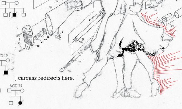 Sketch of a couple dancing
over diagrams of a rifle and genetic charts
with red arrows
and text that says "carcass redirects here"
