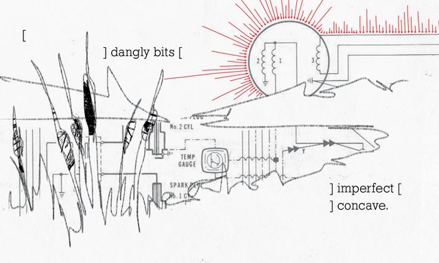 Sketch of a pond with reeds growing
in a collage of electrical diagrams
with red arrows
and text that says "dangly bits, imperfect, concave"
