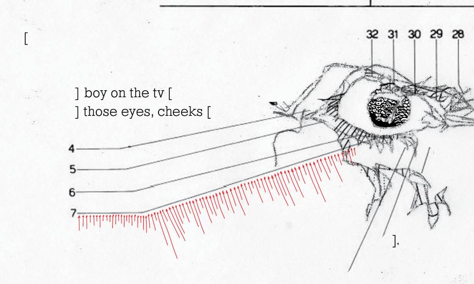 Sketch of an eye up close,
in a collage of diagrams,
with red arrows
and text that says
