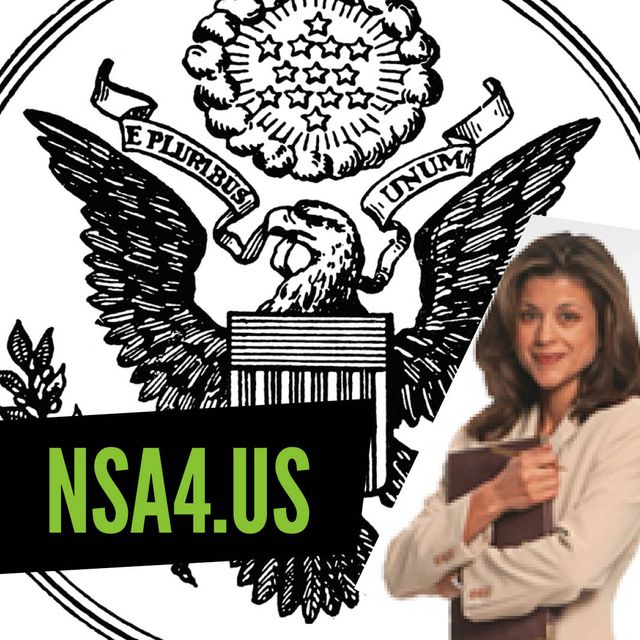a woman clutching a binder, in front of the USA imperial eagle