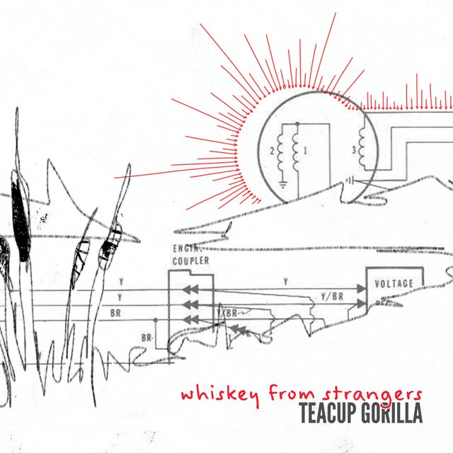 single-line sketch of reeds around a pond, with mountains in the background - the water and sunset are electrical diagrams, with red arrows forming sun rays pointed in